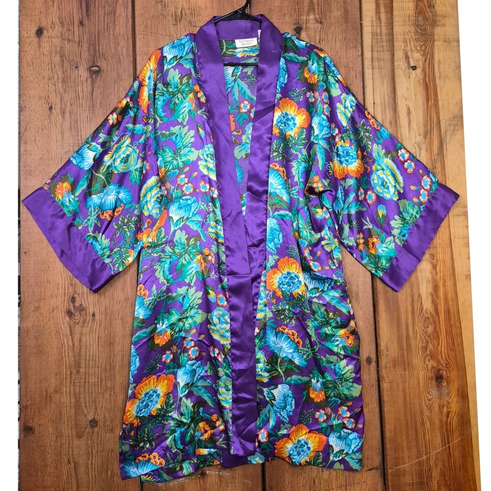 Vintage Victoria's Secret Gold Label Floral Satin Robe Purple Kimono OS